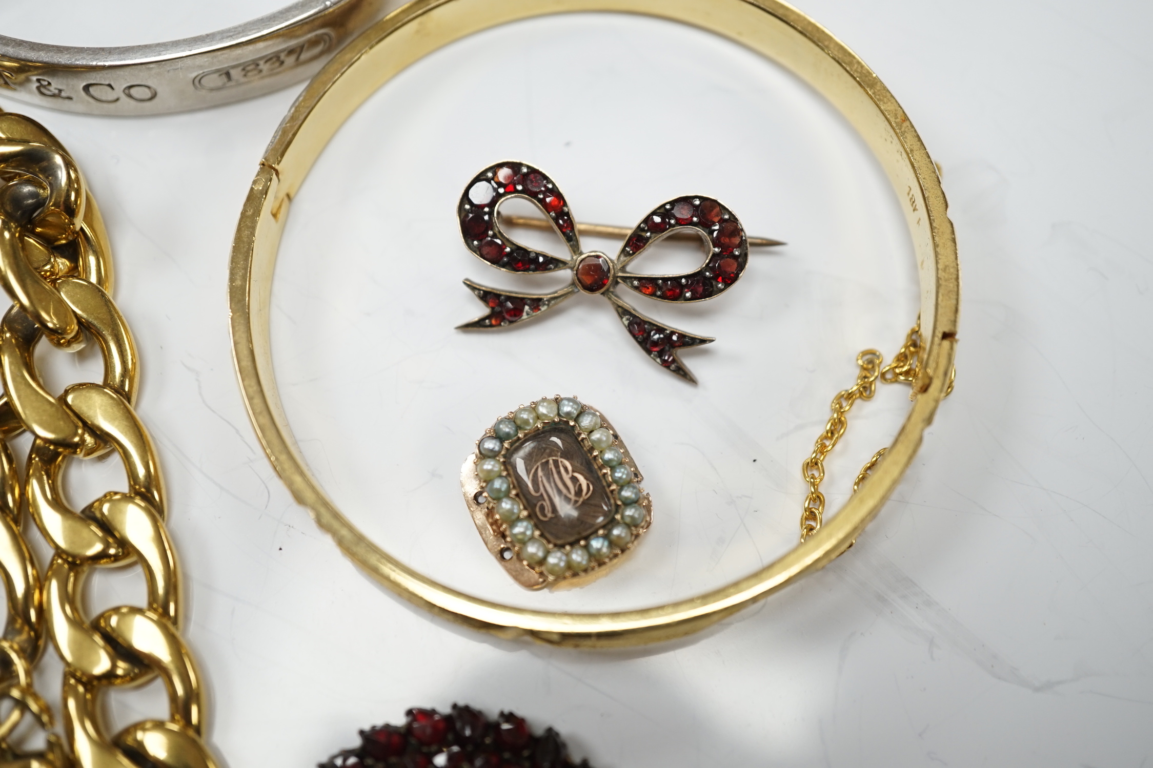 A 19th century yellow metal and seed pearl set mourning clasp, 15mm and other assorted jewellery including costume.